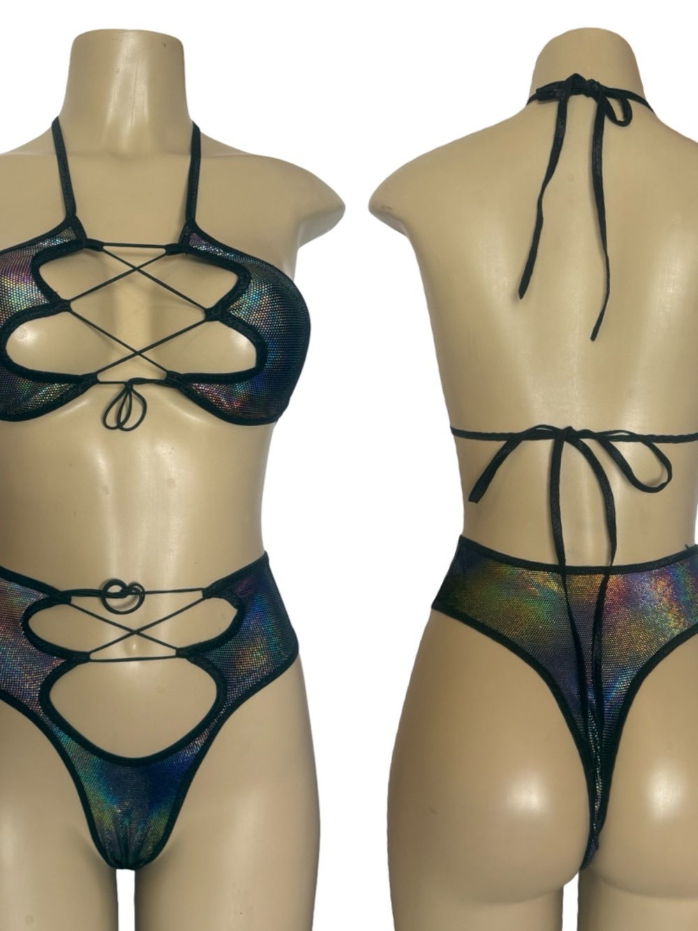 Iridescent Black Lace-Up Women's Bikini Set